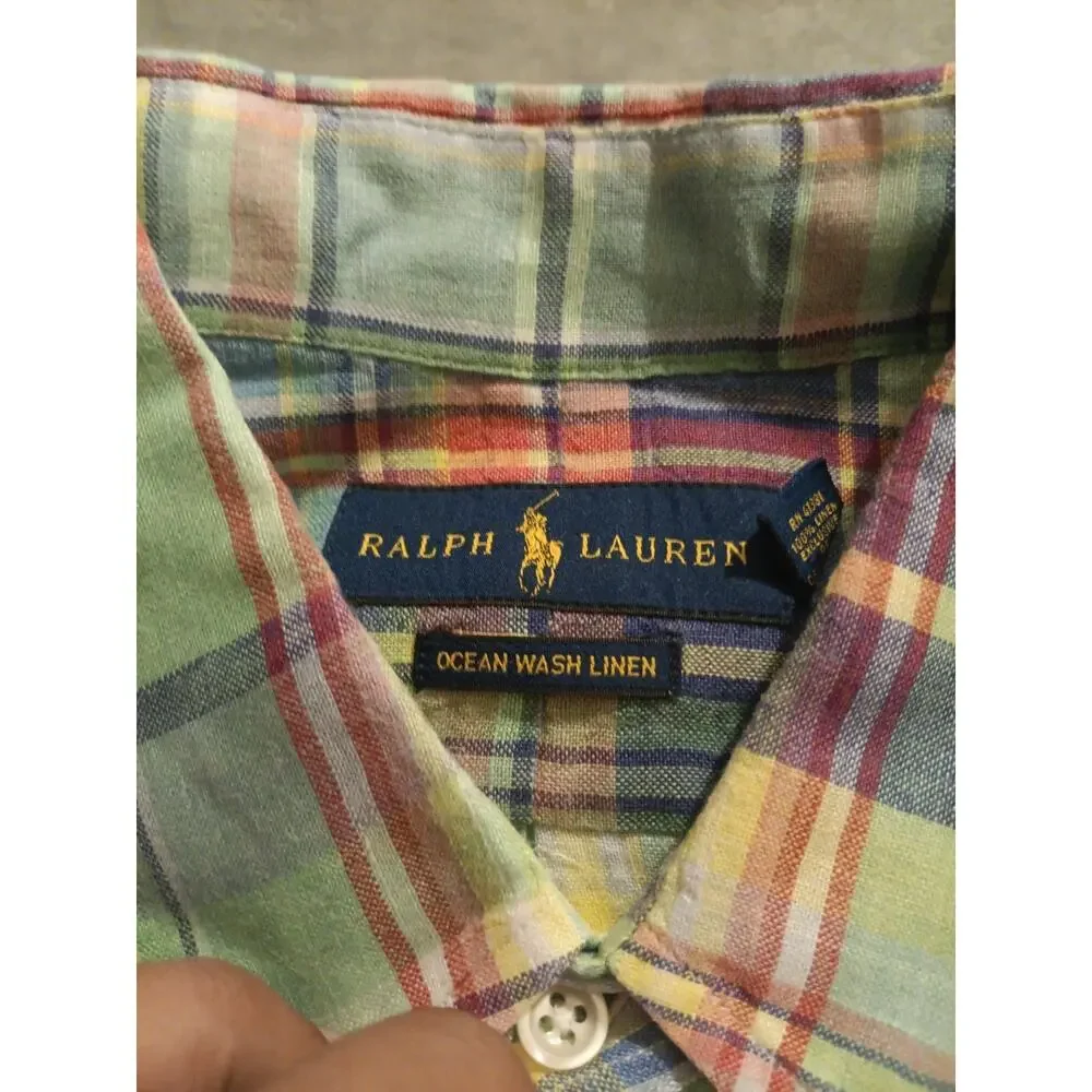 Polo Ralph Lauren Men’s 100% Linen Shirt M Custom Fit Long Sleeve Green Plaid